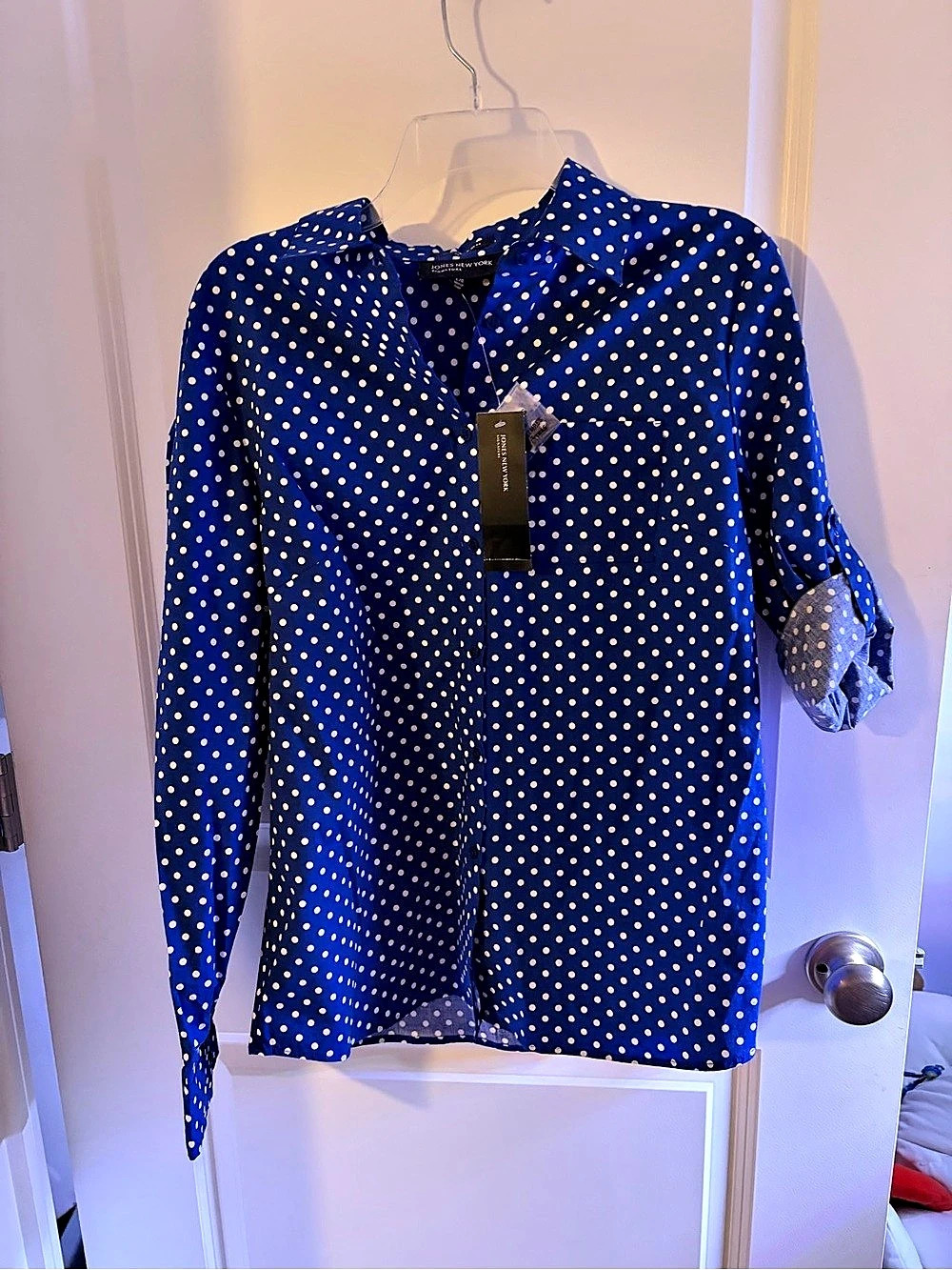 Jones New York Signature Polka Dot Button Down Blue Large NWT